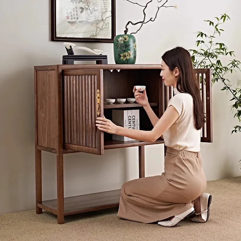Solid wood dining side cabinet, North American black walnut two-door tea cabinet, new Chinese Song-style aesthetic hollow locker
