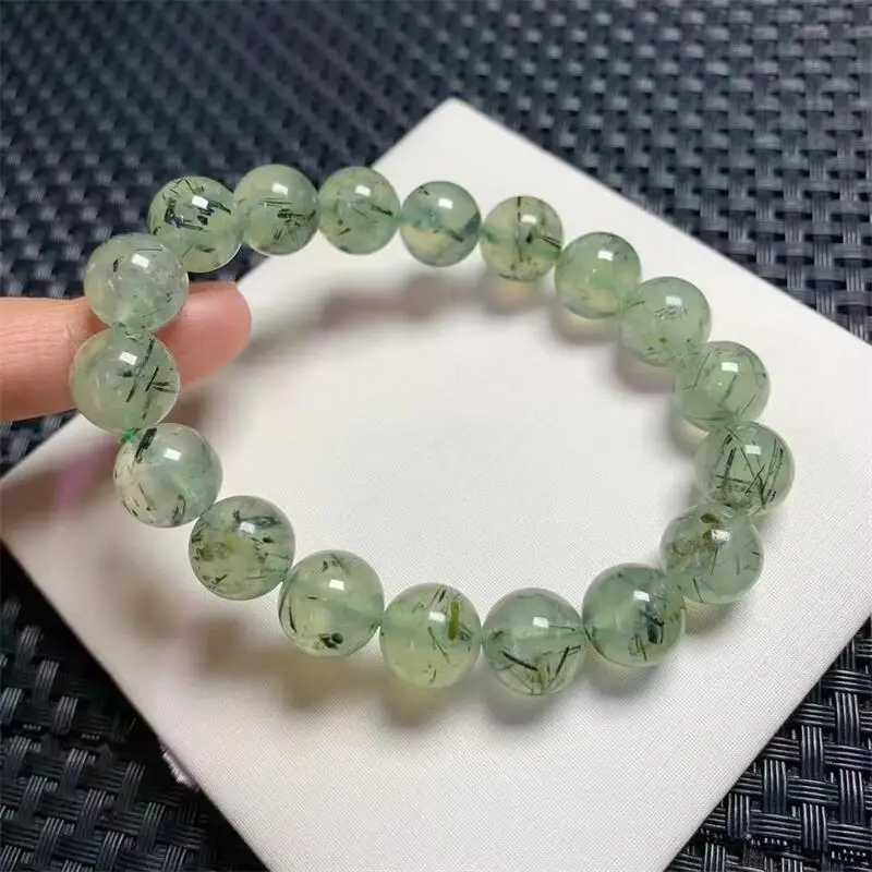 11MM Natural Prehnite Rutilated Quartz Bracelet Healing Crystal Beads Elastic Charm Bracelets for Women Energy Jewelry Gift