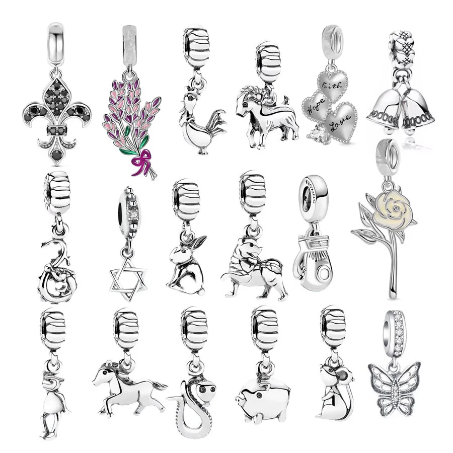 Pendant Chinese Zodiac Dragon Horse Rabbit Pig Small Bell Flower Charm Bead Fit Original Silver 925 Women Bracelet DIY Jewelry