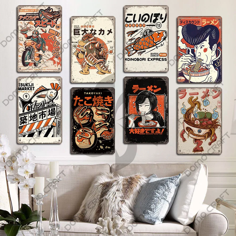 Retro Japanese Cartoon Comics Poster Metal Plate Takoyaki Noodles Fish Metal Sign Dining Room Club Wall Decor