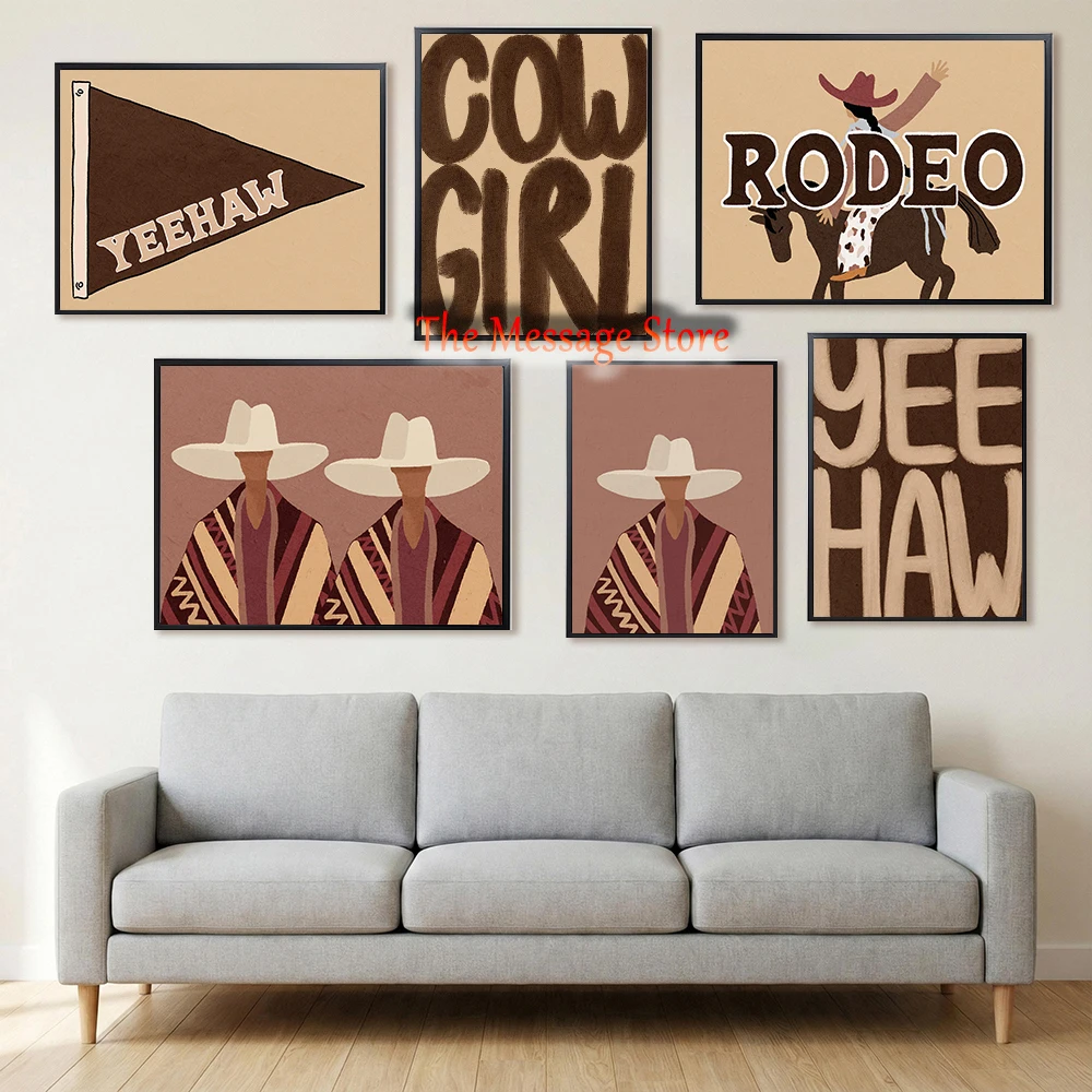 Póster de pared de lona con diseño de bandera Yeehaw, estilo rodeo, country, western, vaquero, vaquera, boho, poncho, vaquera abstracta, decoración de pared occidental