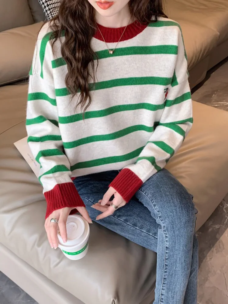 مخطط الألوان المتناقضة سترة الموضة فضفاض أفخم البلوفرات سميكة المرأة عادية فضفاض دافئ لينة محبوك Sueter