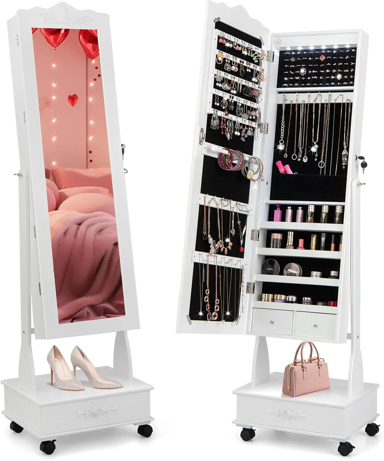 Lockable Stand up Jewelry Cabinet with Lights and Wheels, Standing Jewelry Organizer with Drawers, (White) with Full Length Mirror, Mirror with Jewelry Storage