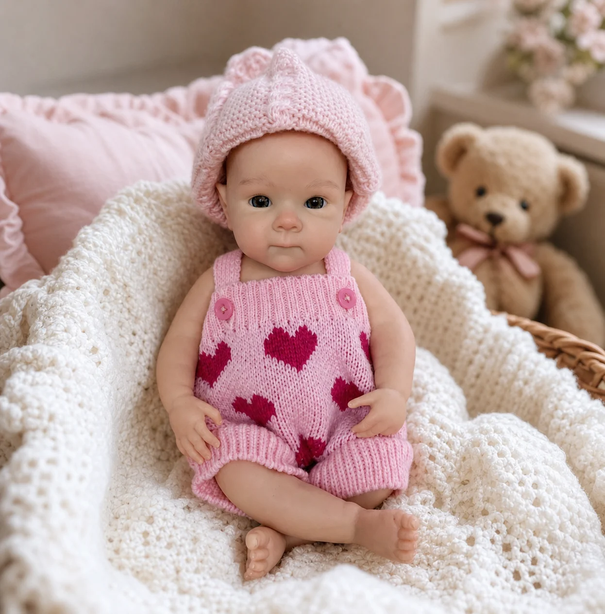 13 Inch Bettie Full Body Silicone Reborn Doll Open‑Mouth Design With Pink Heart Pattern Sweater Lifelike Hand Painted