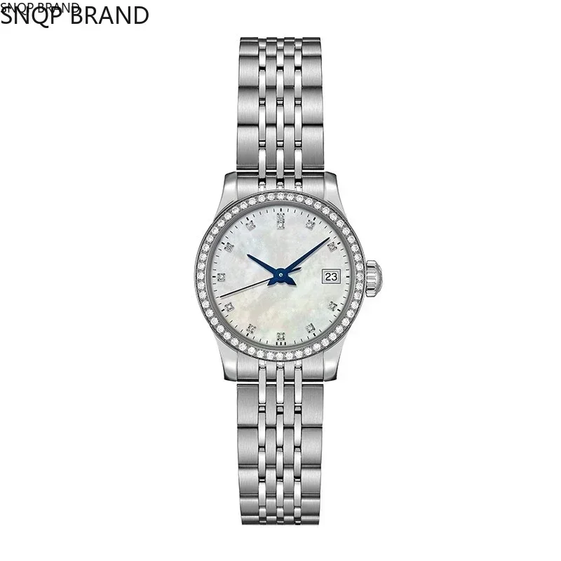 

Luxury New Women Quartz Watch Stainless Steel Bracelet White Diamonds Bezel Ladies Fashion Dress Blue Hands Sapphire Glass