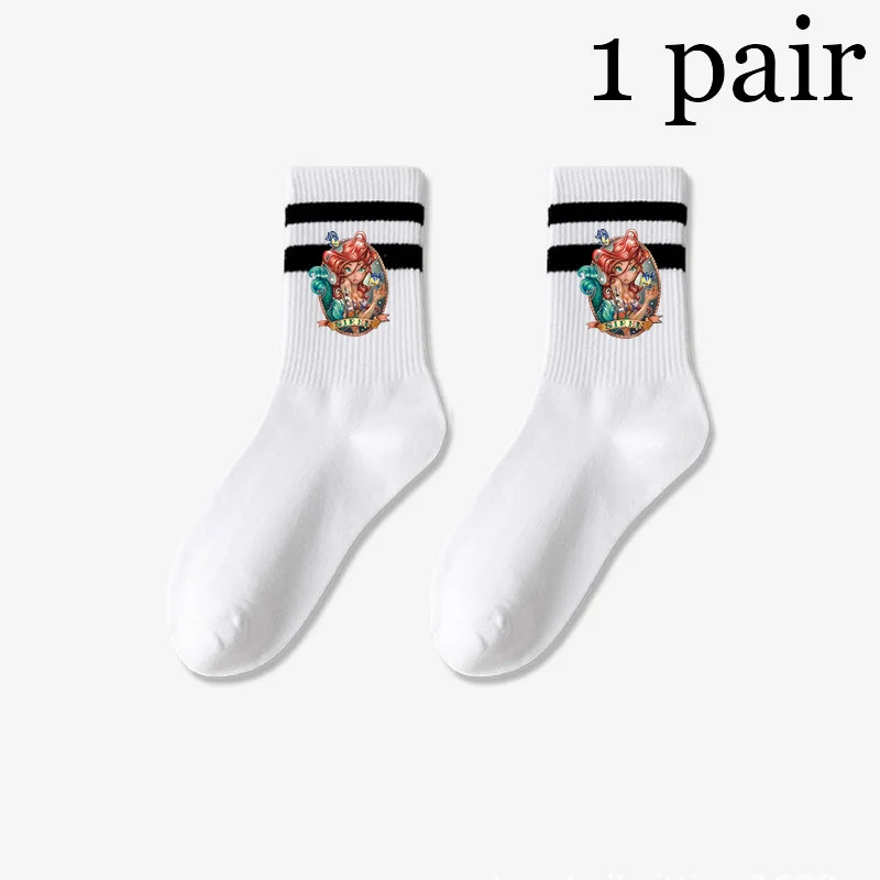 Disney Princess Little Mermaid Tinker Bell Solid Striped Black White Socks for Woman Street Hip Hop Striped Socks Mid Tube Socks