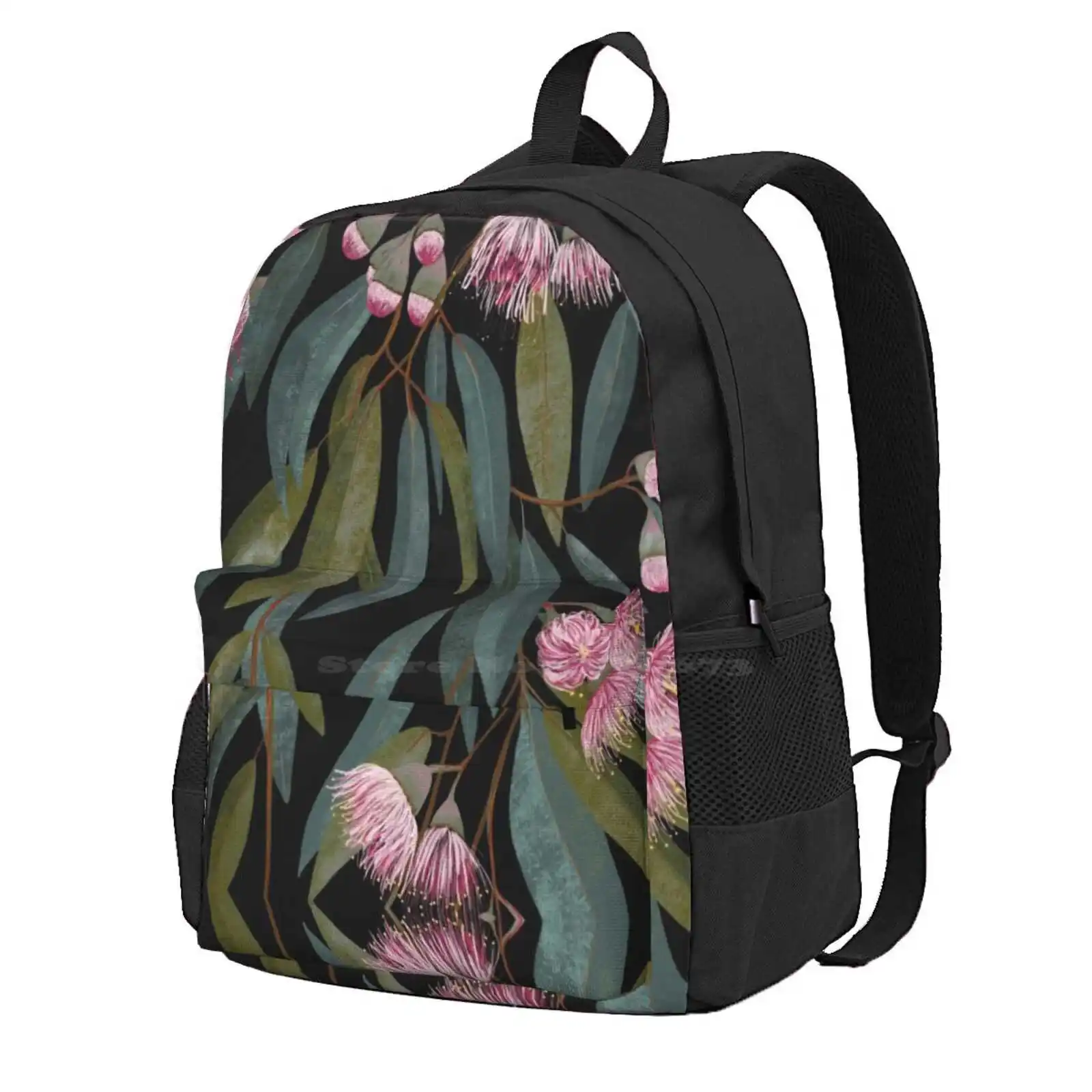 

Pink Australian Eucalyptus On Black Hot Sale Schoolbag Backpack Fashion Bags Australian Eucalyptus Pink Florals Tropical