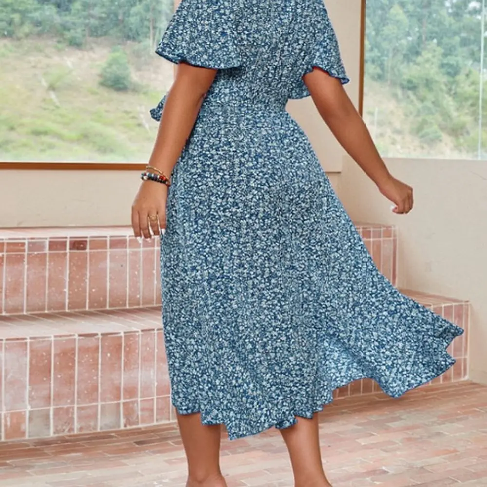 Bohemian Style Floral Midi Dress Women Plus Size V Neck High Waist Irregular Hem Casual Vacation Beach Summer Dress