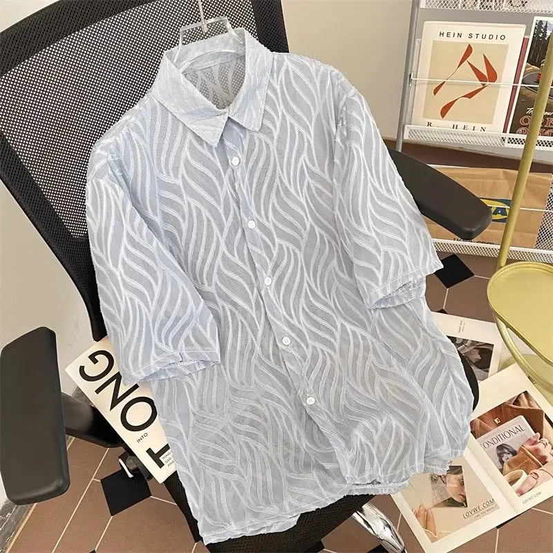 

Women Casual Loose Versatile Shirts for Sunscreen Clothes Jacquard Shirt Handsome Short-sleeved Sunscreen Clothes for Men
