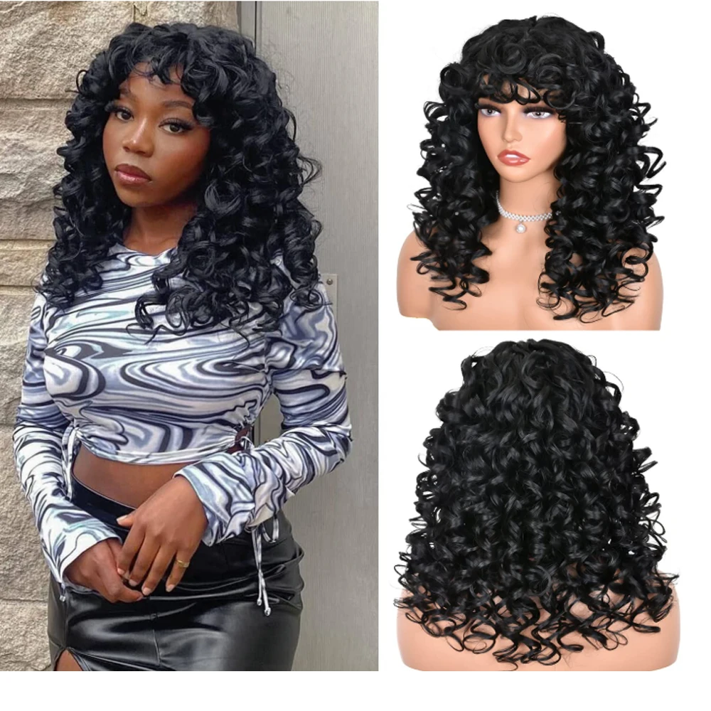 

Короткие волосы, афро-кудрявые вьющиеся парики с челкой для чернокожих женщин, пушистые синтетические волосы, бесклеевой парик, полный для ежедневного использования на вечеринке