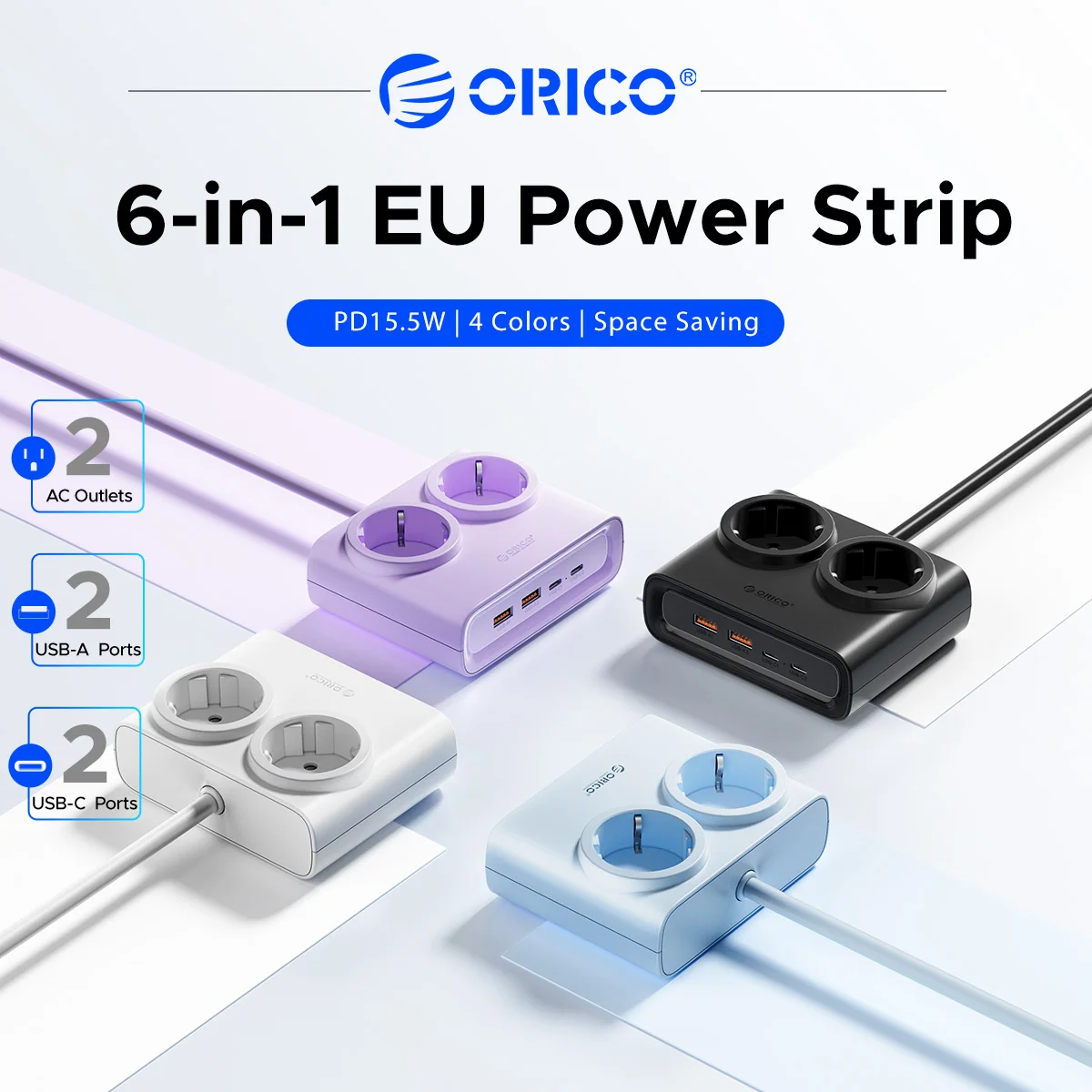 ORICO 6-in-1 EU Power Strip, 2 Schuko AC Outlets + 2USB-A +2USB-C, PD15.5W Fast Charging, 12mm Ultra Thin Flat Plug Extension So