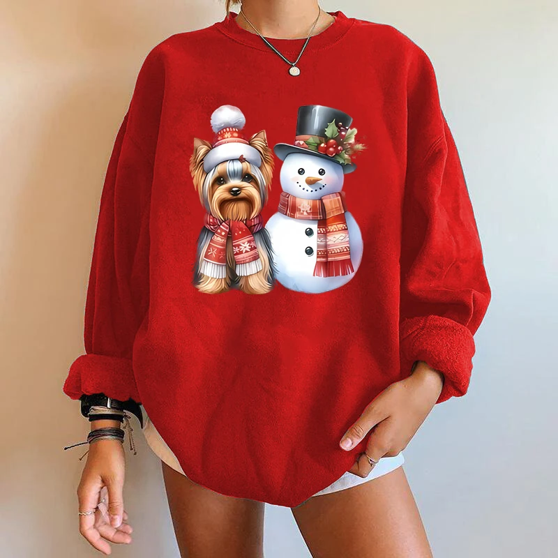 Christmas fashion snowman dog pattern y2k trendy printed sweatshirt round neck casual sweatshirt autumn spring women\'s clothing