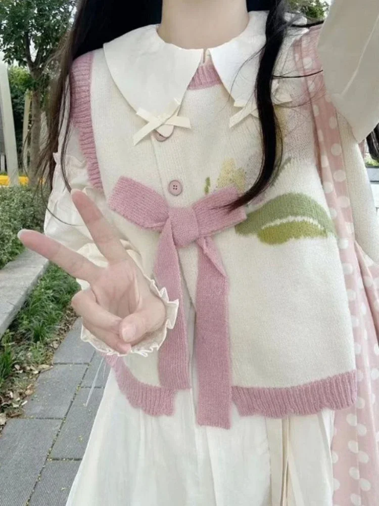 

2024 Japanese Kawaii Dress Suit Women Korean Elegant Two Piece Set Female Bubble Sleeve White Dress + Bow Knitted Vest Sweater