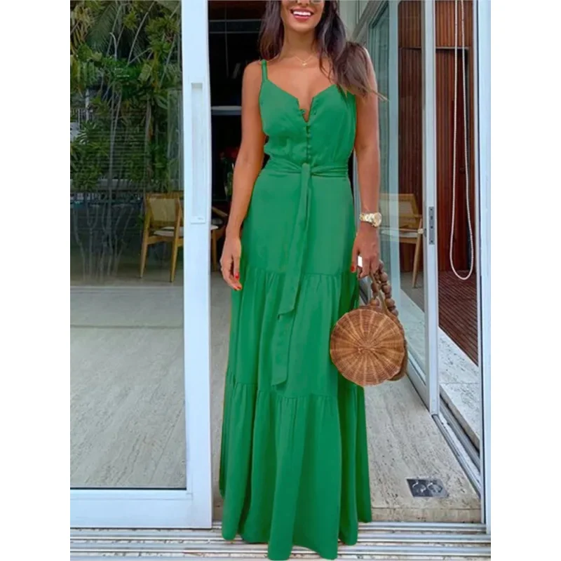 2025 신사 숙녀 패션 v 넥 스파게티 스트랩 드레스 여성 여름 Boho 민소매 우아한 레이디 캐주얼 Maxi BeBear House 002