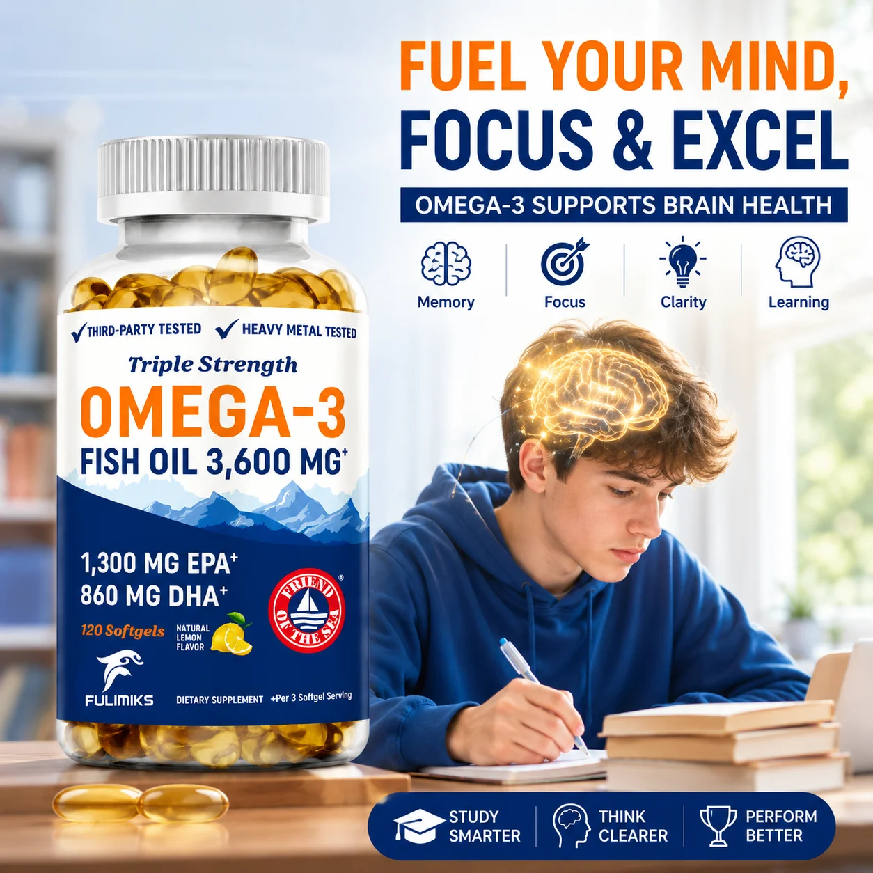 Triple Strength Omega 3 Fish Oil 3600mg Capsules, EPA & DHA, Support Circulation Heart & Brain Eye Health & Joint Flexibility