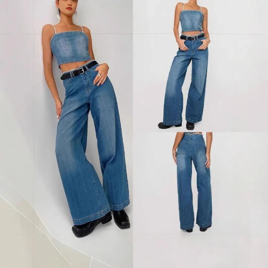 

High Waist Wide Leg Slimming Straight Leg Jeans Briti Sle mid Stretch Blue Denim Women's plus Size Faion Casual Trousers