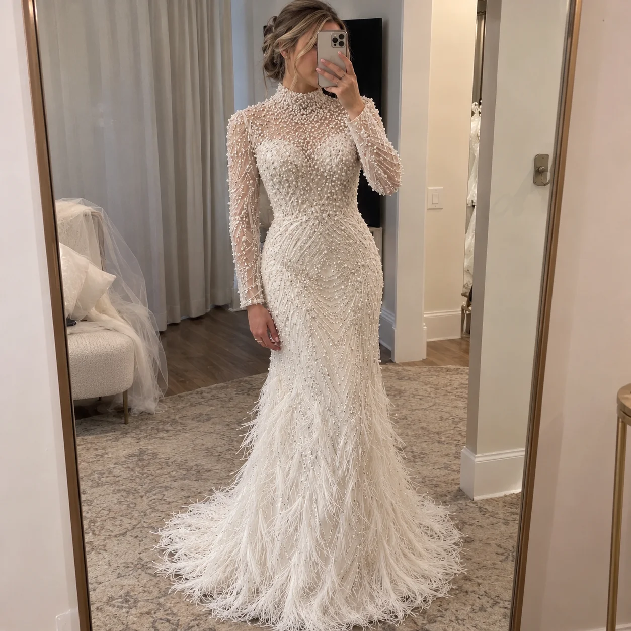 Customized Beaded Mermaid Wedding Dress High Neck Long Sleeves Pearl Crystal Feather Bridal Gown with Train Vestido De Novia