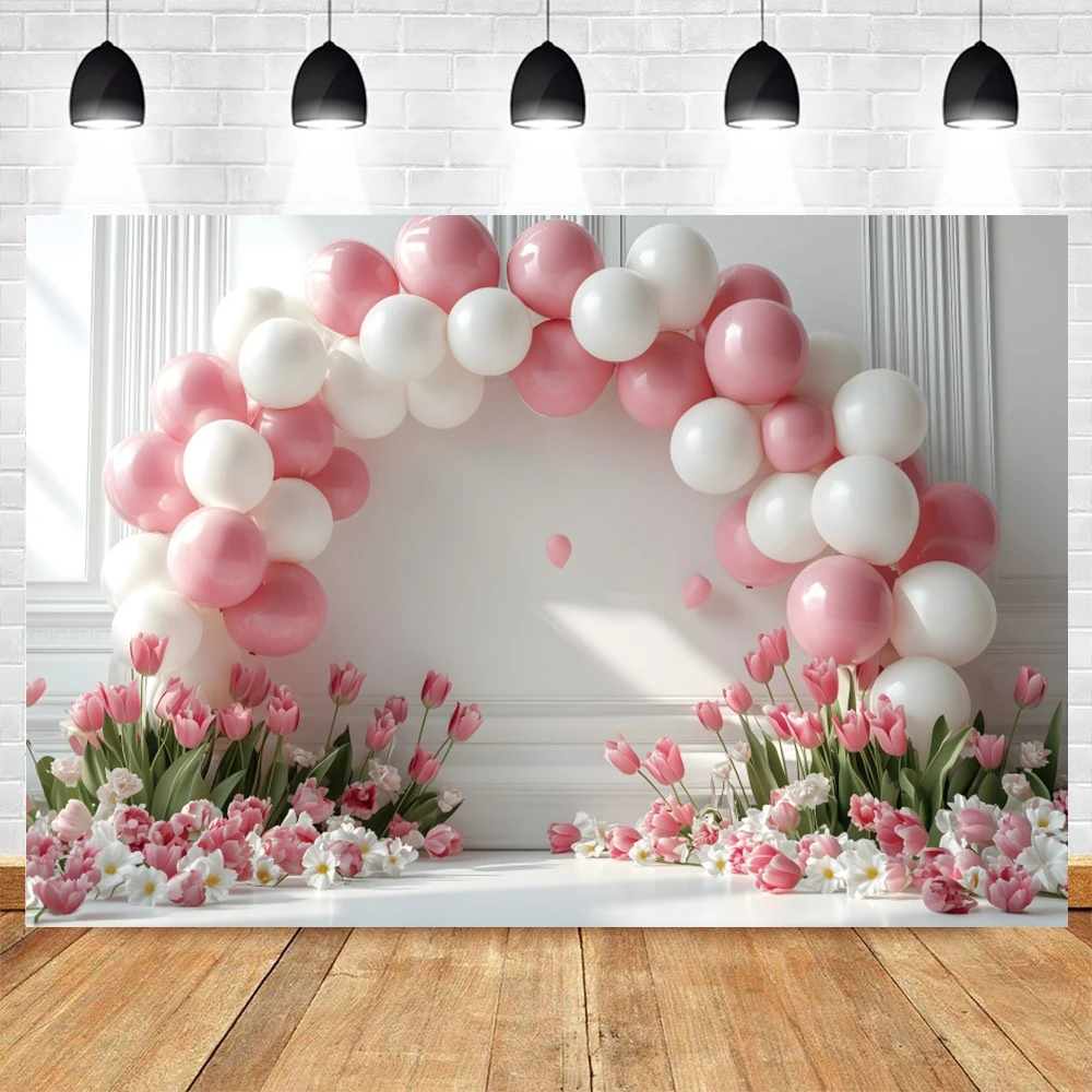 Girls Birthday Party Photography Backdrop Pink Tulip Flowers Balloon Arch Baby Shower Portrait Photo Background Photostudio Prop