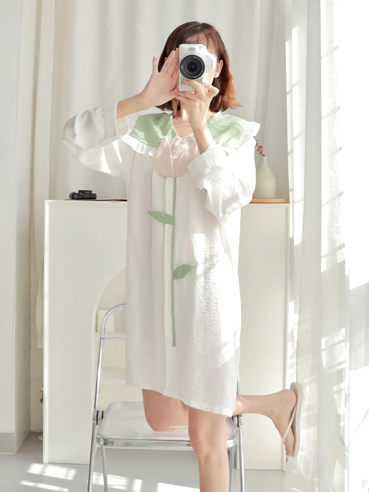 New Flowers Ice Silk Pajamas Women's Tulip Long Sleeve Thin Sweet Shirt Nightdress Long Summer Home Clothes