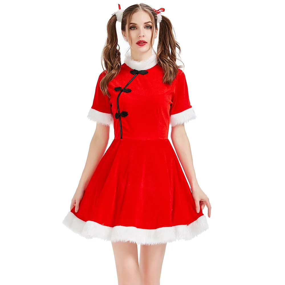 Adult Chinese Style Miss Christmas Red Dress Sets Christmas Claus Cosplay Velvet Dress for Women Xmas Party Slim Fit Dress Suit