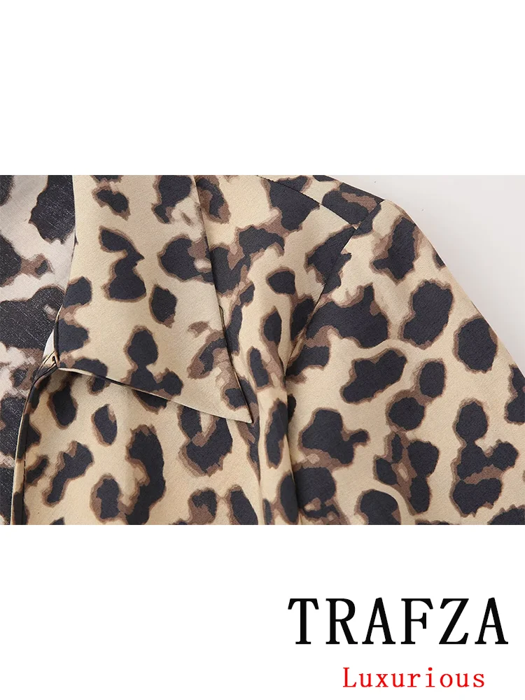 TRAFZA Vintage Casual Women Blouse Print Leopard Long Sleeve V Neck Lace-up Blouse Fashion 2024 Spring Summer Streetwear Shirts