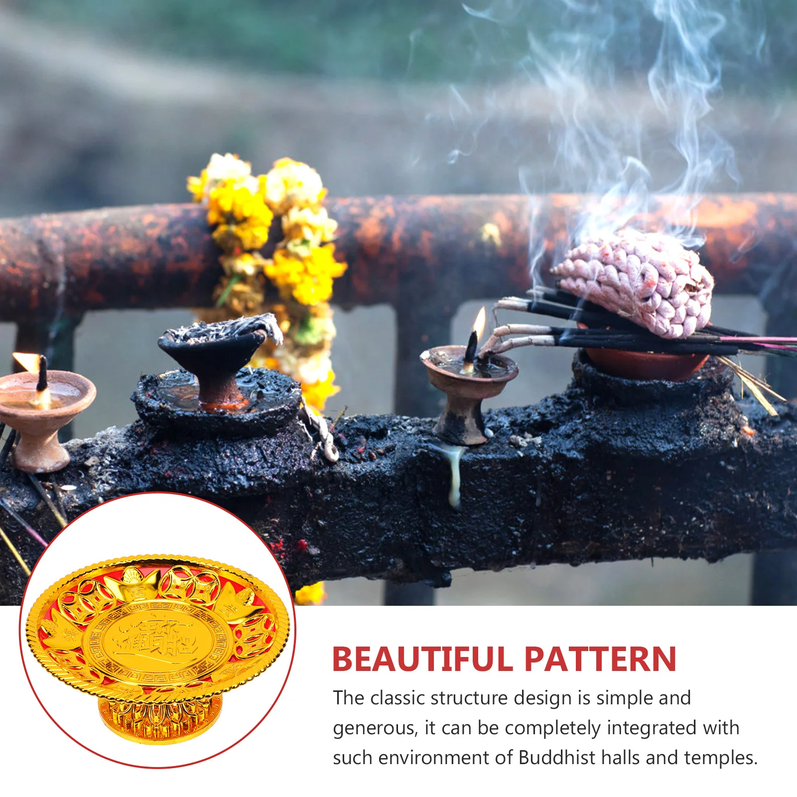 

1pcs Buddhist Offering Tray Golden Plastic Fruit Dish Temple Worship Supplies Ritual Utensil Sacrifice Food Plate