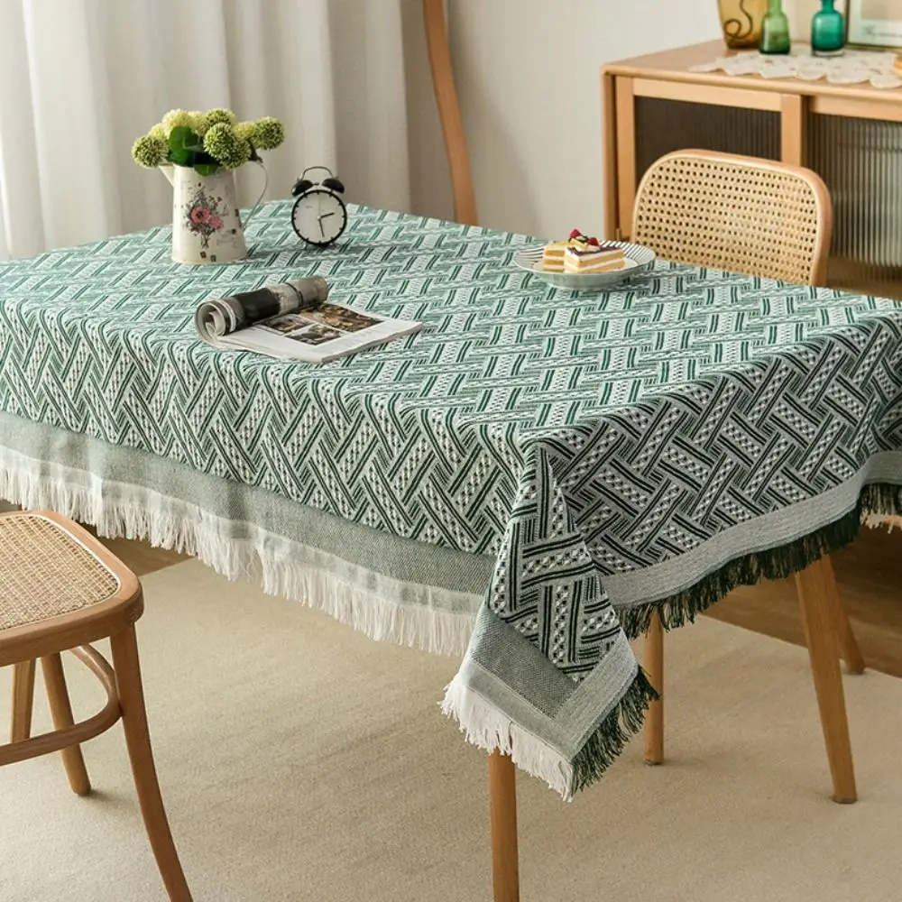 

Tassel Edge Interweaving Grid Tablecloth French Rustic Washable Table Cover Rectangular Coffee Table Mat Dining Table