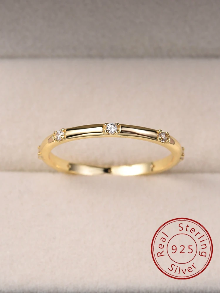 925 Sterling Silver Round Golden Plain White Zircon Ring For Women Anniversary Party Creativity High Quality Fine Jewelry