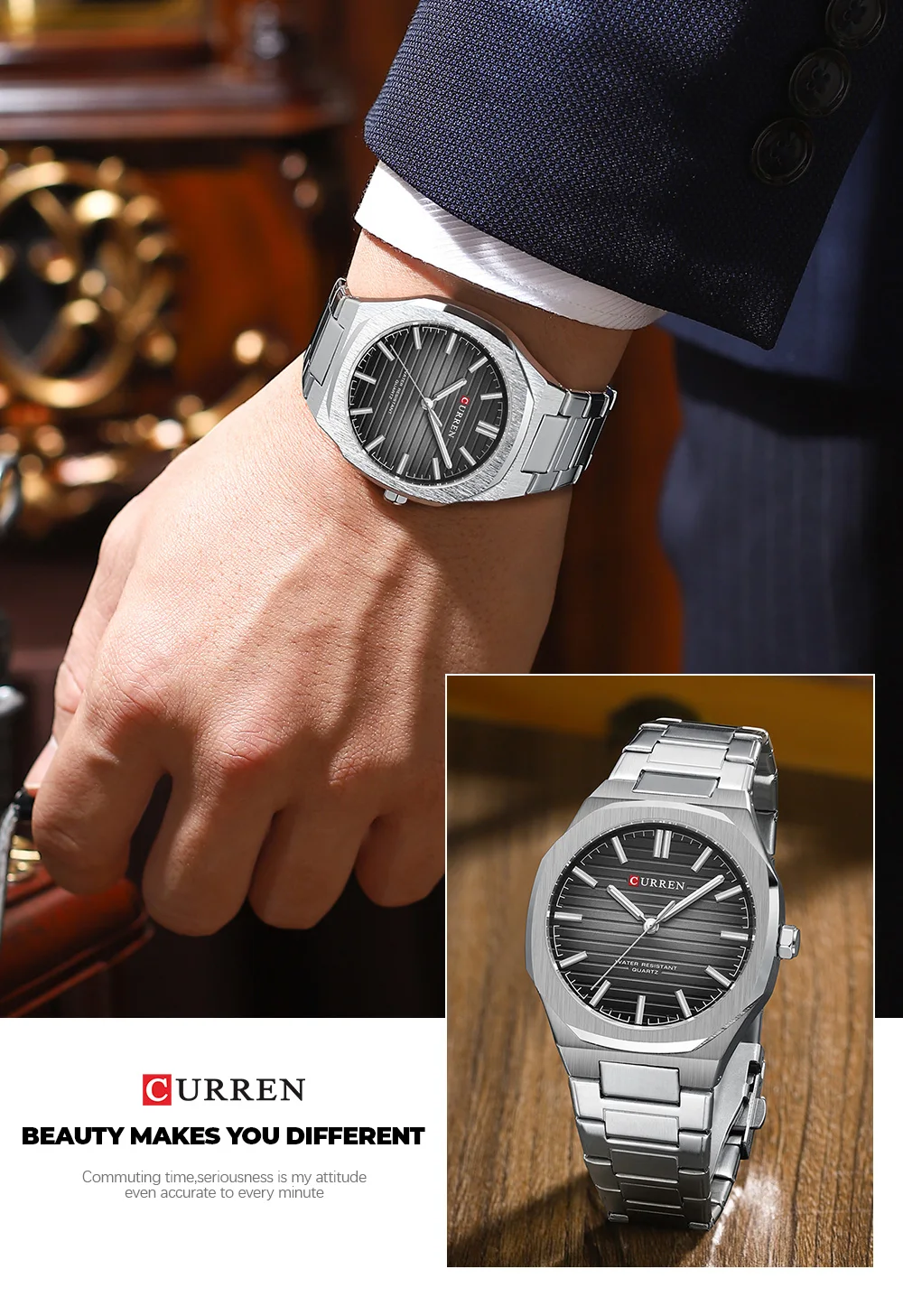 CURREN Minimalistische Herrenuhr mit Edelstahlarmband und Leuchtzeigern, klassische Business-Quarz-Armbanduhr für Männer – Detail 15