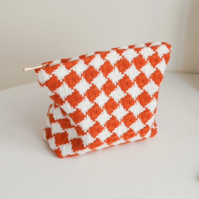 DJDF Orange Plaid Women's Cosmetic Bag Small Double Canvas Portable Zipper Lipstick Storage Bag Commuter Coin Purse Card Holder