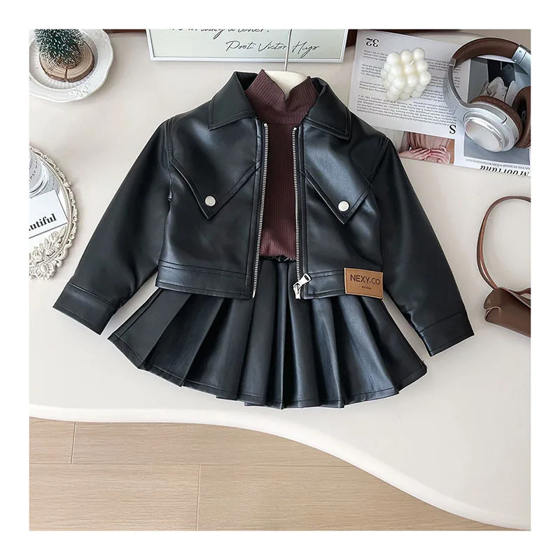 Girls' Autumn Clothing Leather Jacket Suit 2024 New Children's Stylish Korean Style Motorcycle Set Short Coat Pleated Skirt 2Pcs