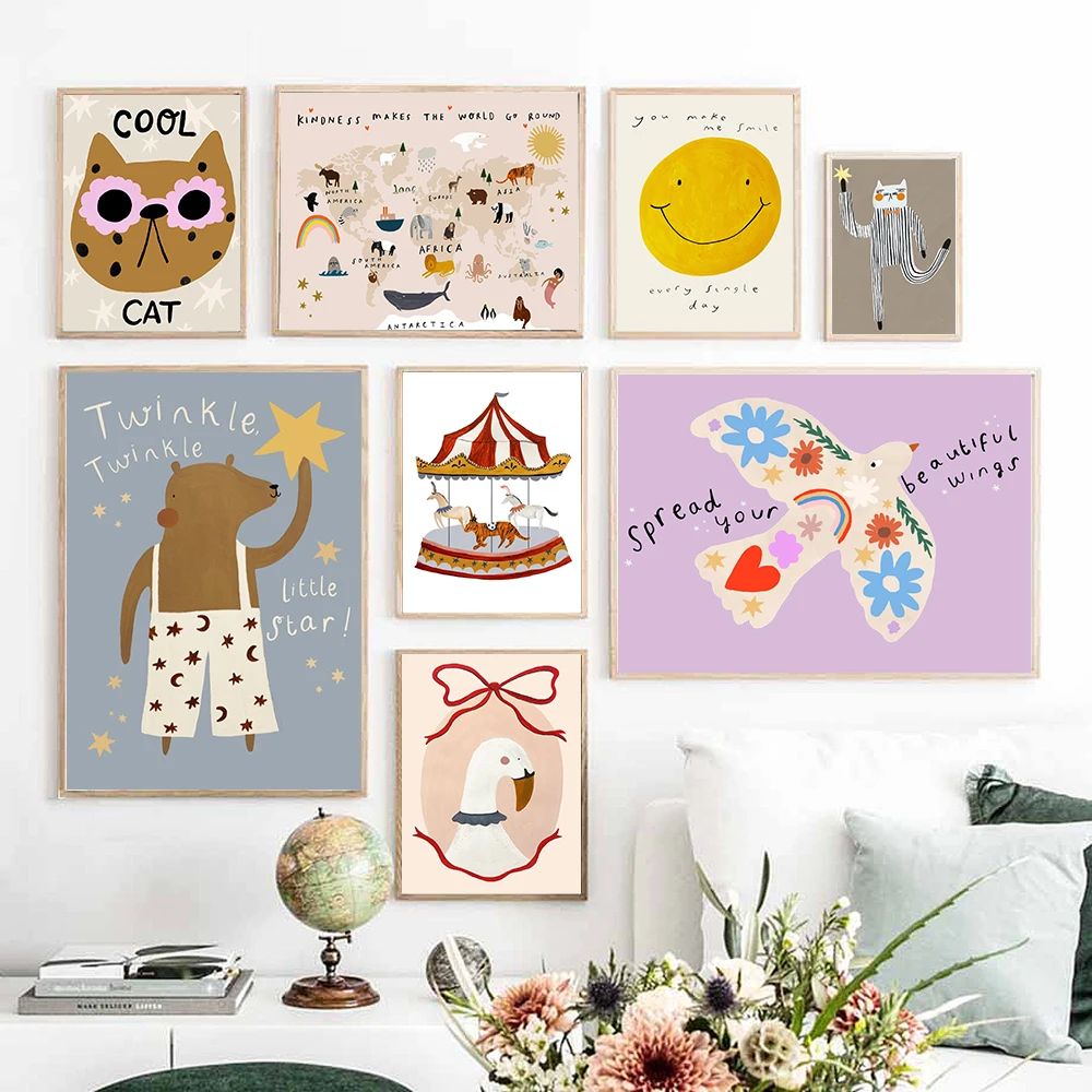 Unframe Cartoon Swan Ladybugs Bear Cat Wall Art Canvas Painting Nordic Animal Posters And Prints Wall Pictures Baby Kids Room De