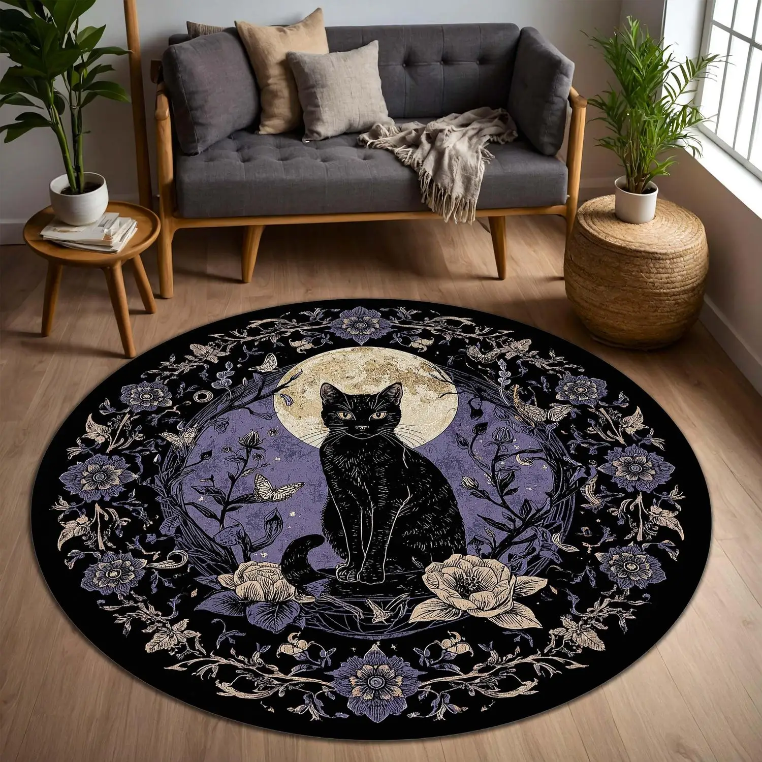 Cat Moon Star Printed Anti Slip Round Area Rug Soft Washable Decorative Floor Carpet Bedroom Living Room Home Indoor Decor Mat