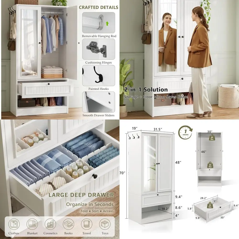 

White Mirrored Door Armoire with Hanging and Storage Options for Bedroom