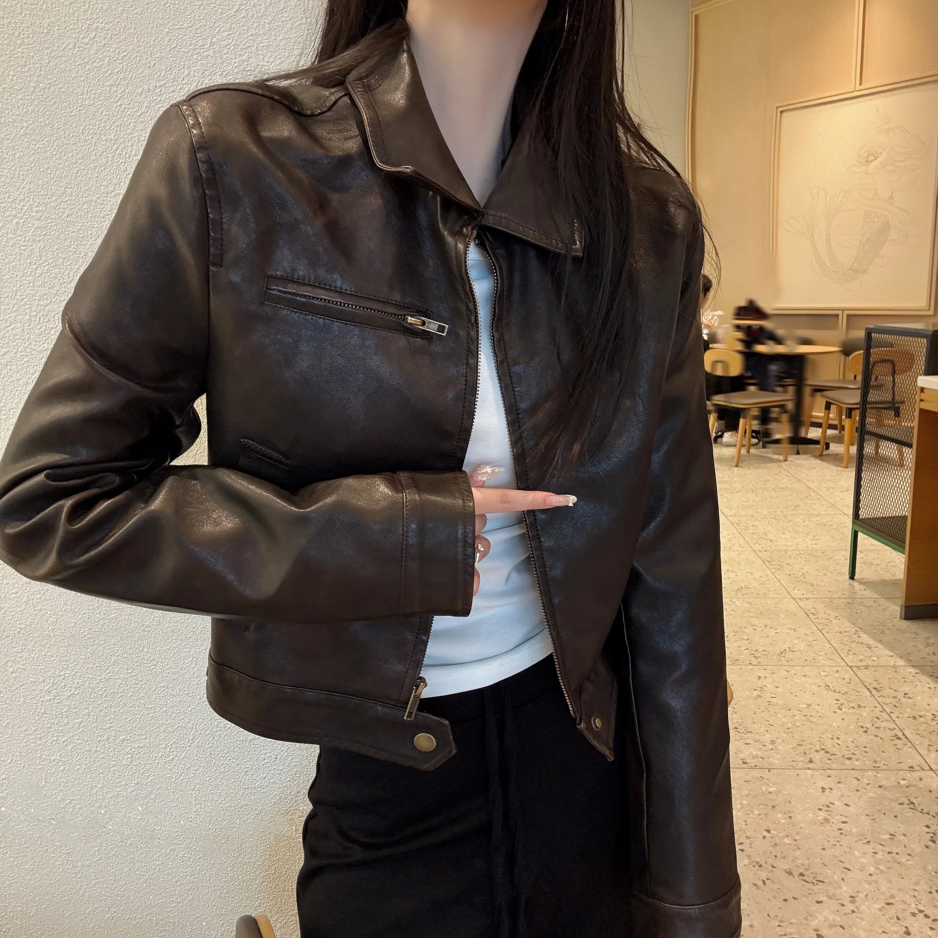2025 COOL Women Autumn PU Leather Jacket American Retro Full Sleeve Zip Up Coat Vintage Coffee Short Outerwear