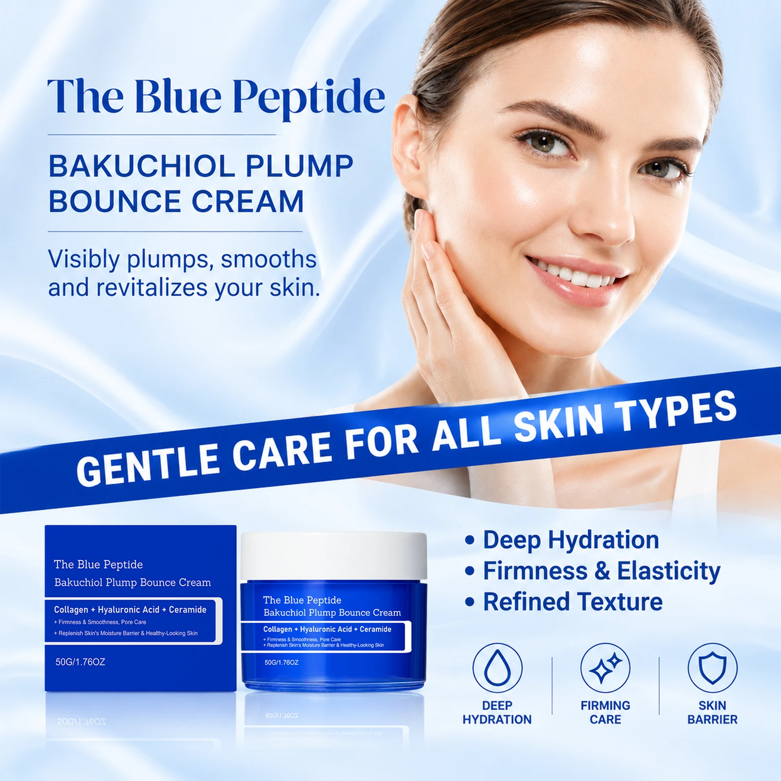 Blue Peptide Bounce Cream Firming Hydrating Plumping Long Lasting Moisturizing Boosting Elasticity Mild Not Irritating Skin Care