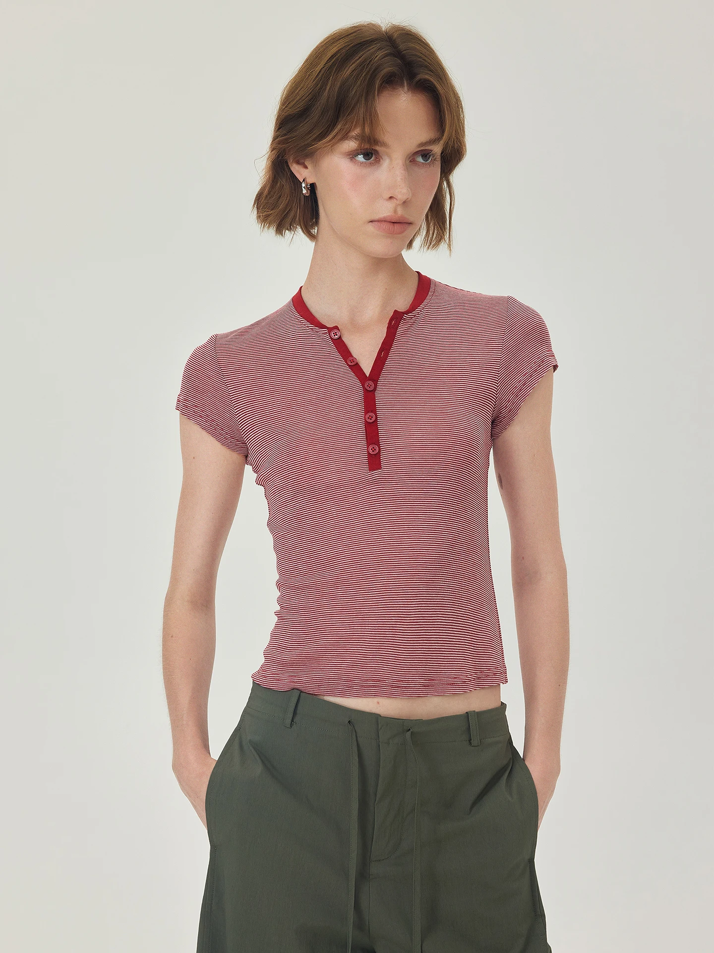 

Monroo Color Blo Red Stripe Camere T-irt ell Button Henry Collar ort Sve Slim Fit Summer Women's Moisture ng
