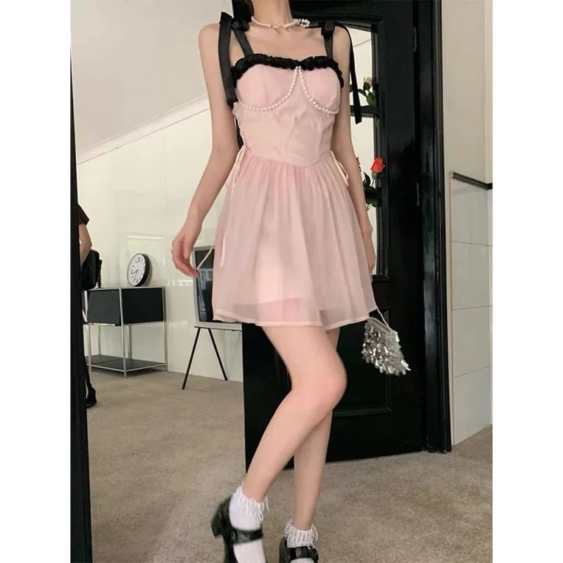 

Women's 2024 New Sweet and Spicy Pink Suspender Diamonds Drawstring Spliced Fashion Appear Thin Chic Sweet Party Fairy Dress