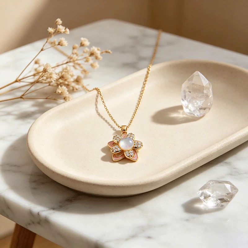 Silver Plated Flower Pendant Necklace With Blue Crystal & Pink Enamel Dainty Sparkling Fashion Clavicle Chain For Women Gift