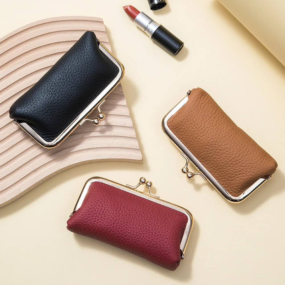 Vintage Kiss Lock Small Wallet Genuine Leather Lychee Texture Women Compact Pouch for Lipstick Coins Cards Keys Brand Coin Purse
