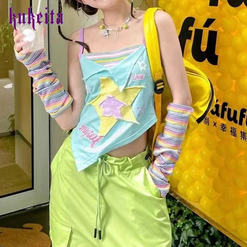 Y2k Aesthetics Camisole Japanese Harajuku Camis Top 2000s Kawaii Crop Tops Fairycore Blue Striped Vintage Tank Top E-girl Grunge