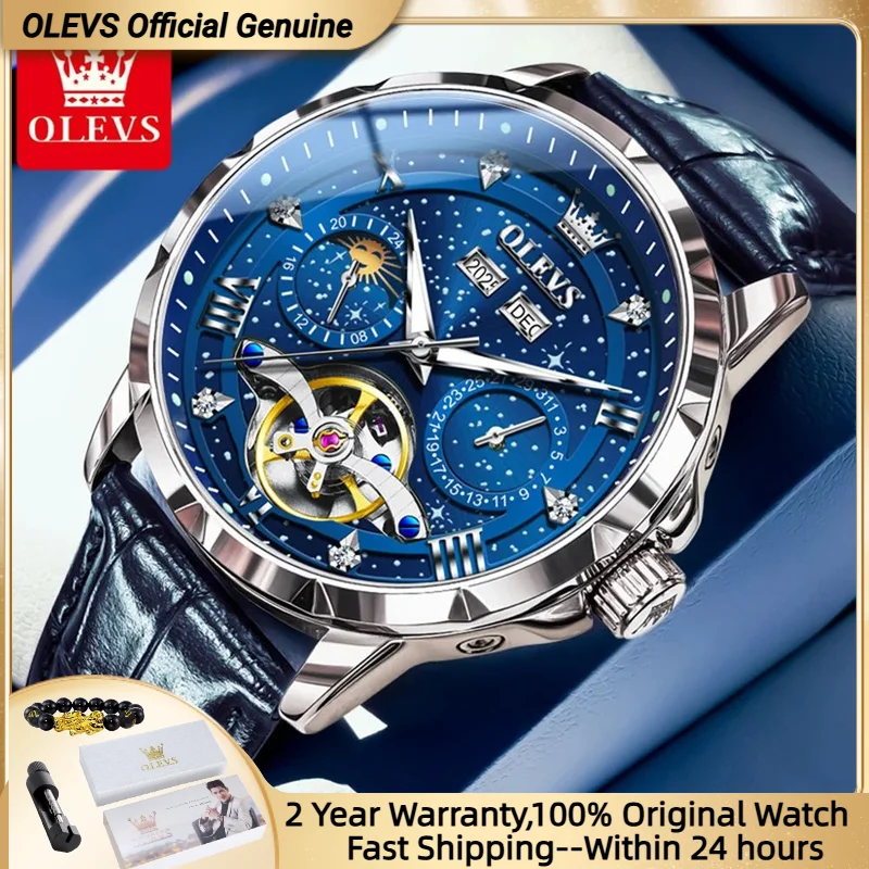 

OLEVS 6690 Mechanical Wristwatch for Men Waterproof Moon phase Luminous Dial Diamond Luxury Man Watches