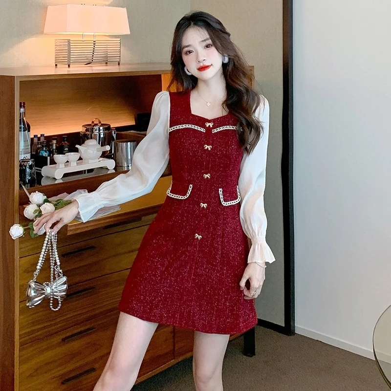 

Black Tweed Style Sheer Long Sleeve Dress With Bow Detail Fitted Waist Casual Party Women's Fashion Mini Dress