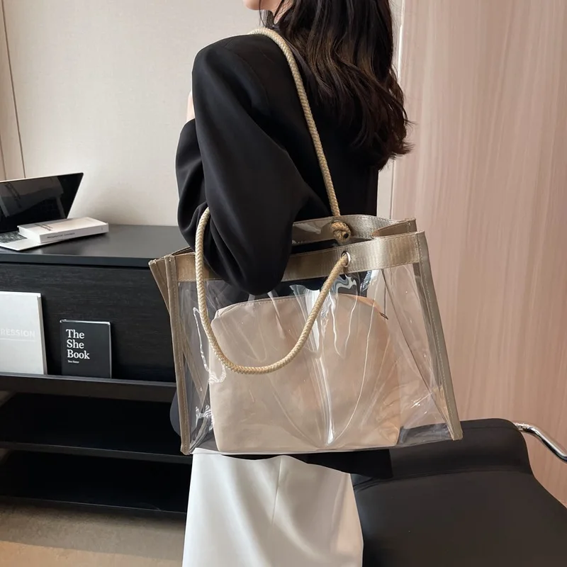 Trendy Transparent Tote Bag with Female Niche Design, Single Shoulder Simple and Large Capacity Waterproof Composite Bag