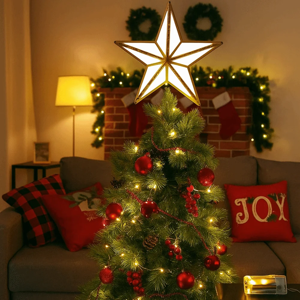 شجرة عيد الميلاد البلاستيكية أعلى نجمة متوهجة خفيفة الوزن على شكل نجمة خفيفة جميلة شجرة عيد الميلاد زخرفة السنة الجديدة #5
