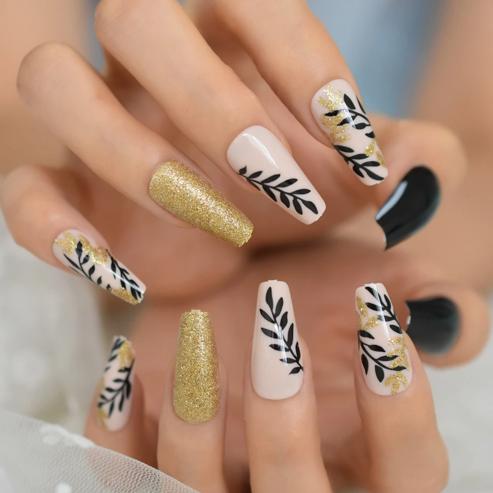 Gorgeous Gold Glitter Willow Leaf Coffin Press on Fake Nails Black Nude Artificial False Nail Tips Office Home Wear Faux Ongle