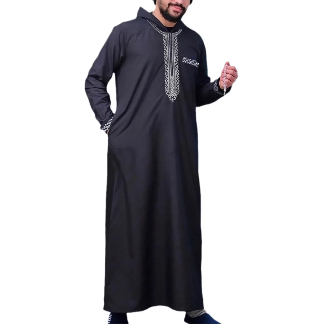 Men Dubai Morocco Ramadan Pockets Loose Hooded Long Robe Gown Embroidery Spliced Muslim Abaya Traditional Chinese Arab Robe Male