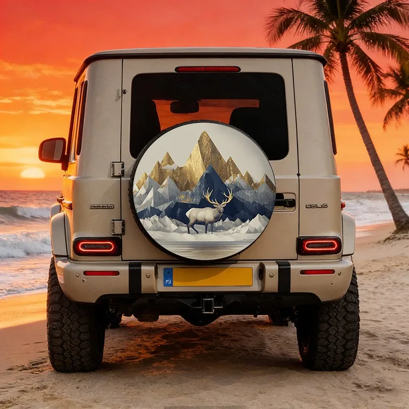 Geometric Deer Mountain Spare Tire Cover Durable Polyester Fiber Protector for SUVs