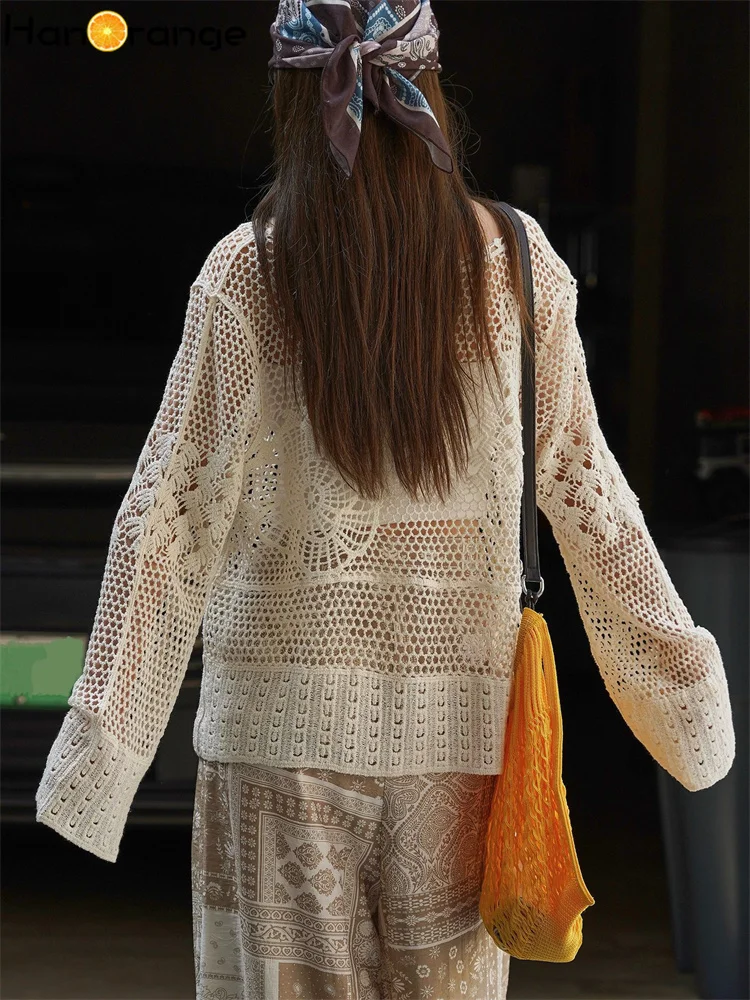 HanOrange 2025 Summer Lazy Heavy Feeling Hook Flower Hollow Knitted Sweatshirt Women Warm Skin Friendly Knitting Top Apricot