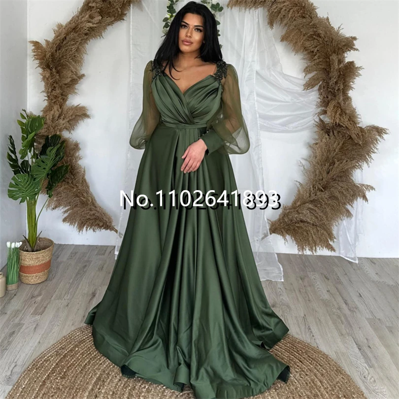 Nersesyan Vintage Green A Line Satin Formal Evening Dress V Neck Puff Full Sleeves Tulle Prom Gowns Appliques Pleats Party Gown